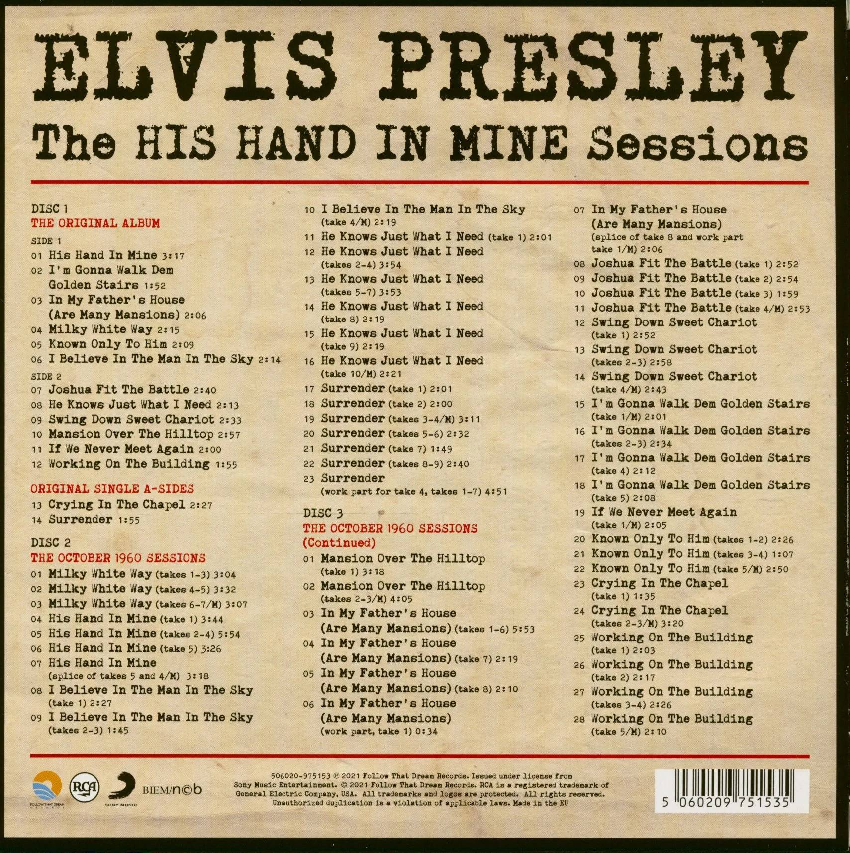 Elvis Presley His Hand in Mine Sessions : Back